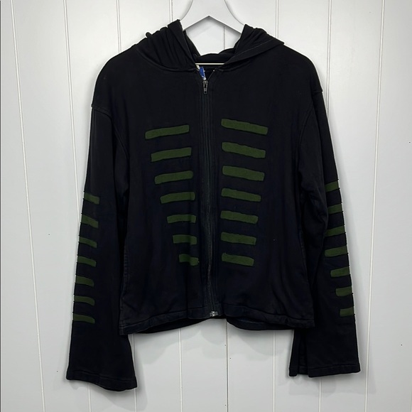 Artisan Cheppu Sweatshirt XL Black Green Cutouts Front Zip Gnome Hood Unique EUC - Picture 1 of 12